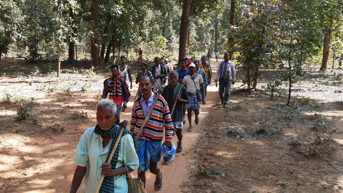 Villagers walking along a forest path in northern Chhattisgarh